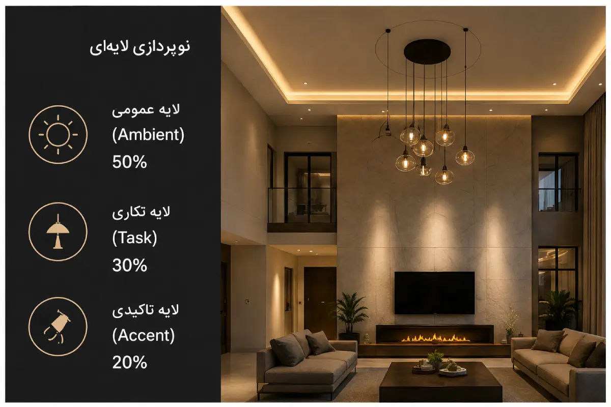 نورپردازی لایه‌ای در دکوراسیون داخلی ویلای دوبلکس با سقف بلند شامل نور عمومی، کاری و تاکیدی